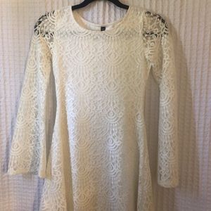 White Pattern Lace Mini Dress - Long Sleeve